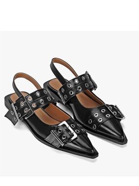 Amazon Pointed Slingback Flats with Grommet Straps and Buckles - Black